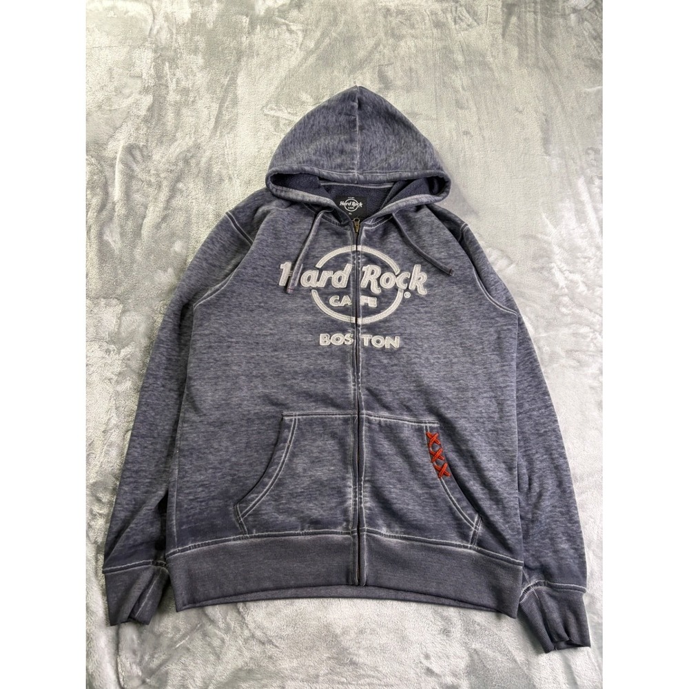 Hard Rock‎ Cafe Boston Hoodie Men XL Blue Acid Wash Full Zip Sweatshirt